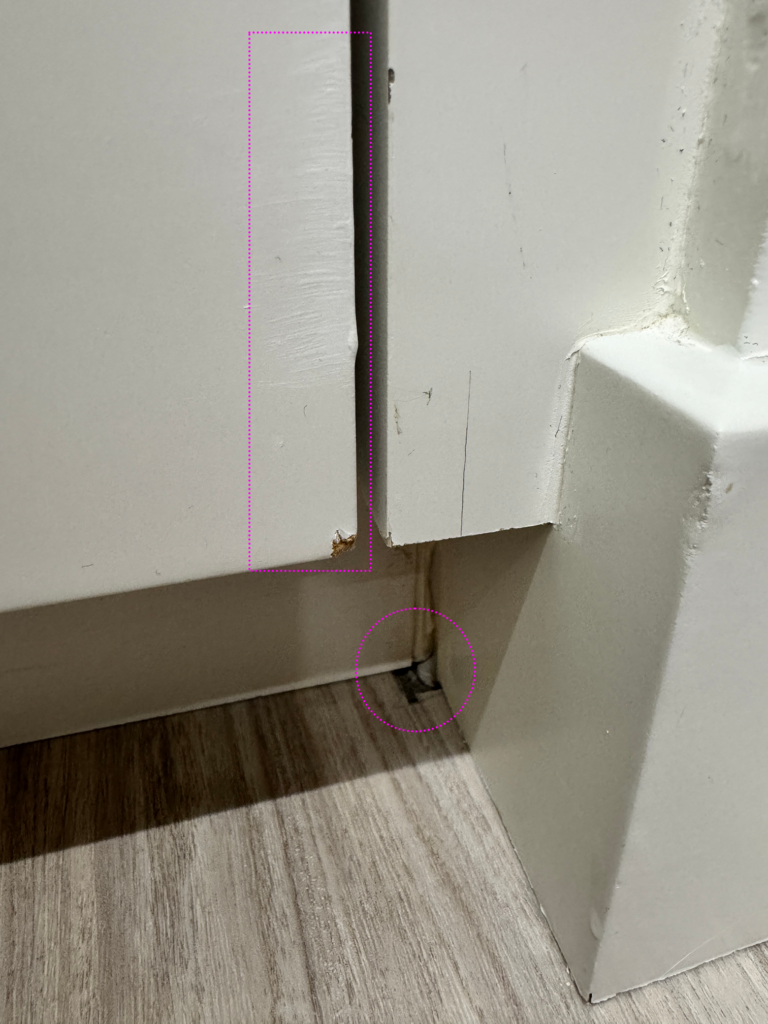 Miscut LVP and damage to cupboard door