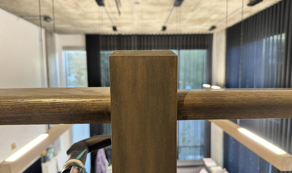 Crooked railing on left, straight on right